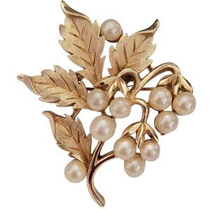 Trifari Crown Over T Gold Tone Faux Pearl Fruit And Leaf Brooch Pin, Signed K698